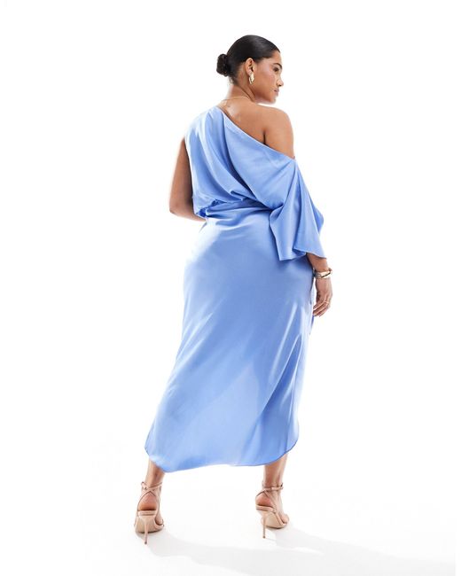 ASOS Blue Asos Design Curve Satin Fallen Shoulder Midi Dress With Wrap Skirt