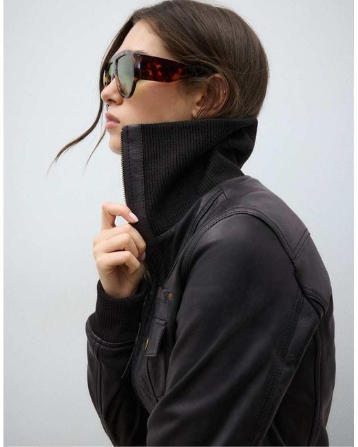 Stradivarius Blue Ribbed Combined Leather Jacket