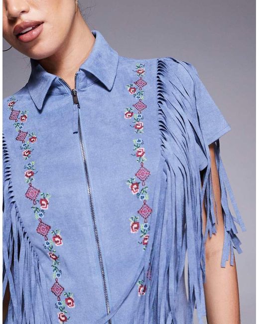 ASOS Playsuit Van Suedine Met Franjes En Borduursels in het Blue