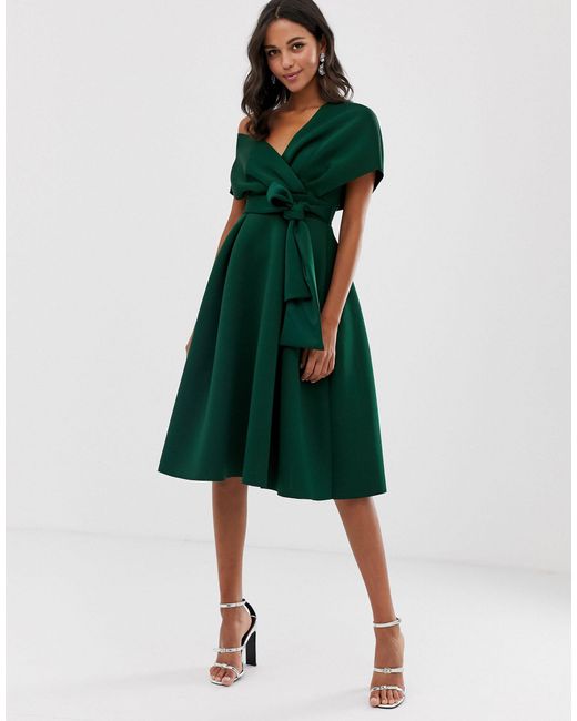 green off the shoulder midi dress