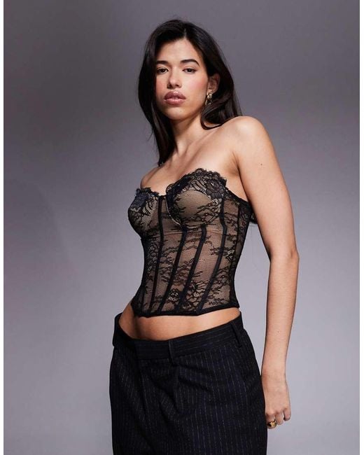 River Island Black Lace Corset Seam Detail Top