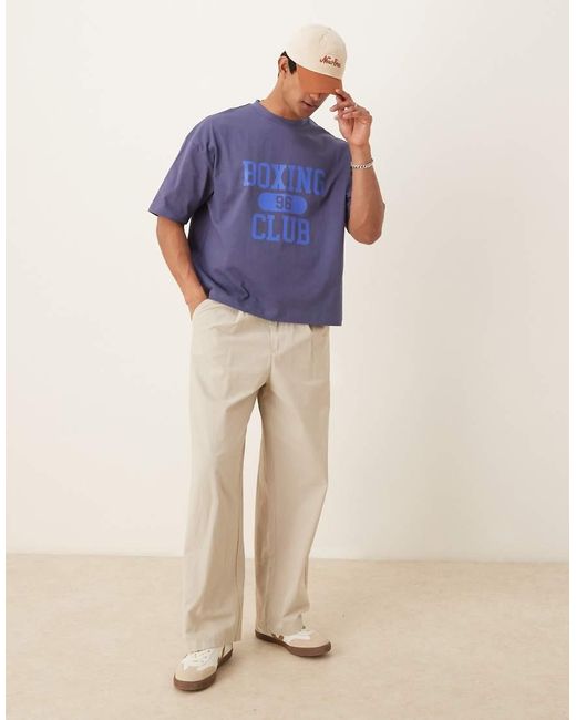 Camiseta Azul De Corte Cuadrado Extragrande Con Estampado "Boxing" En La Espalda De Tejido Grueso De 240 G De ASOS de hombre de color Blue