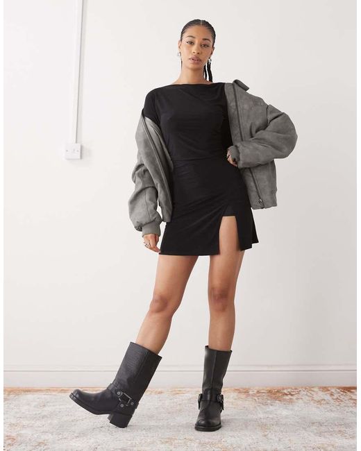 Reclaimed Vintage Black Slouchy Off Shoulder Long Sleeve Skort Mini Dress