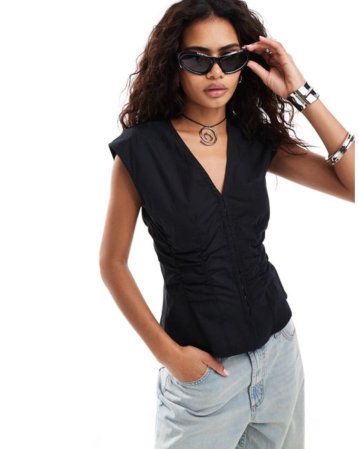 Weekday Black Sleeveless Blouse Top With V Neck And Hook And Eye Corset Waist Detail