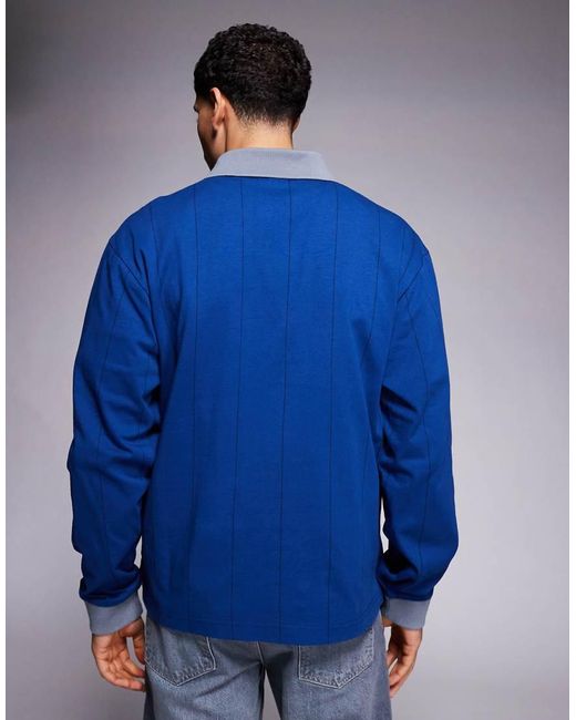 ICECREAM Blue Pinstripe Long Sleeve Polo With Contrast Collar for men