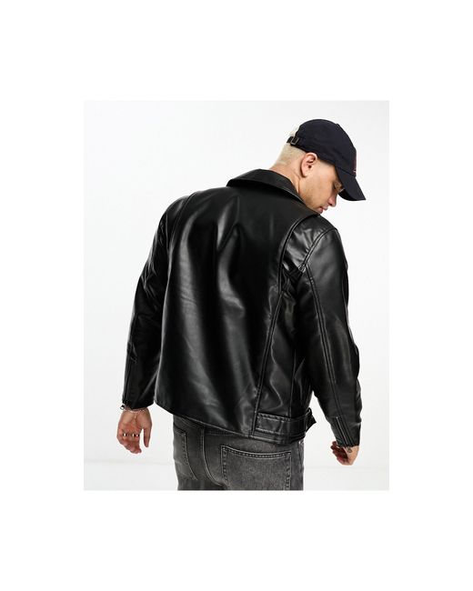 Pull&Bear Black Faux Leather Biker Jacket for men
