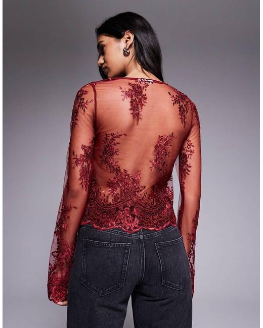 ASOS Red Embroide Long Sleeve Sheer Scalloped Hem Top