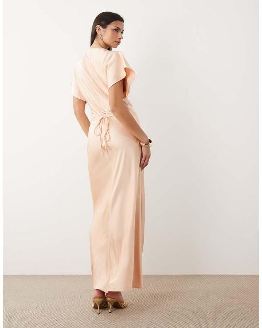 Gina Tricot Natural Batwing Plunge Satin Maxi Dress