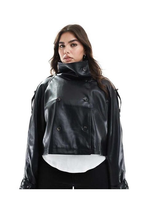 ASOS Black Asos Design Curve Funnel Neck Leather Look Short Trench Coat