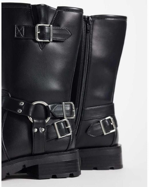 Glamorous Black Biker Mid Ankle Boots