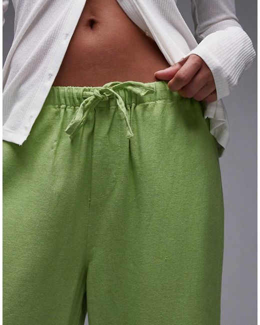 TOPSHOP Green Mid Rise Linen Awkward Length Trouser