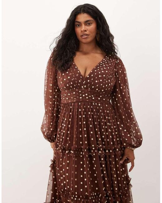 Lace & Beads Plus Brown Tulle Sheer Balloon Sleeve Plunge Neck Tiered Maxi Dress