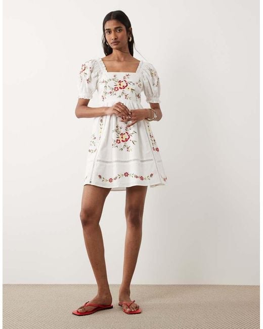 Miss Selfridge Natural Embroidered Baby Doll Mini Dress