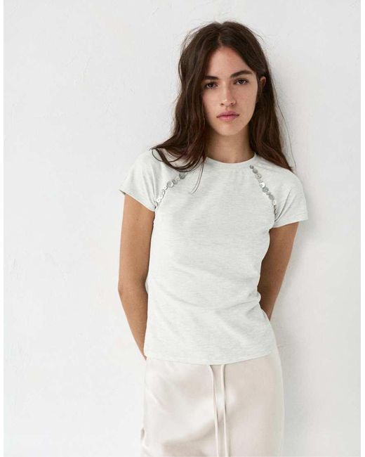 Pull&Bear White Button Detail T-shirt