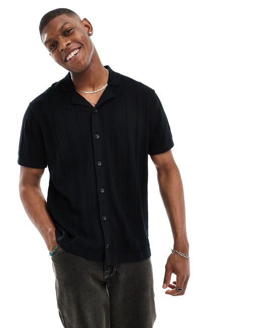 Jack & Jones Black Revere Collar Knitted Shirt for men