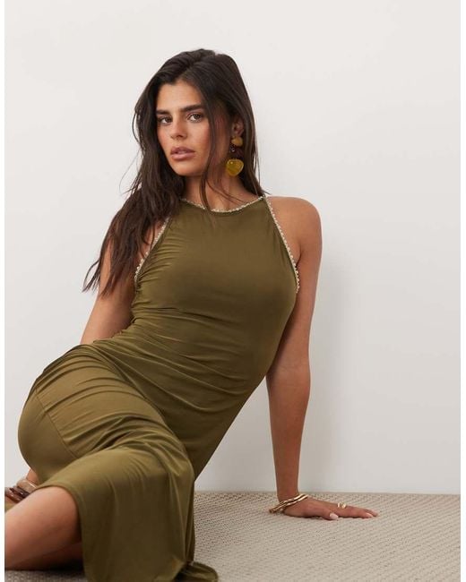 ASOS Green Racer Neck Maxi Dress With Trim Detailing
