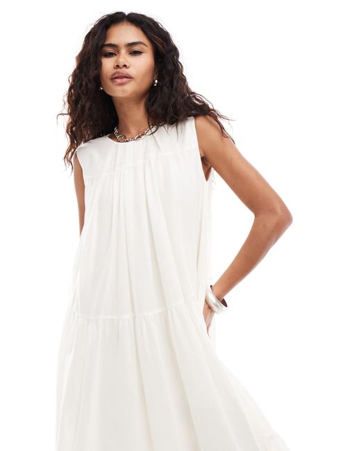Urban Revivo White Tiered Voluminous Trapeze Smock Dress