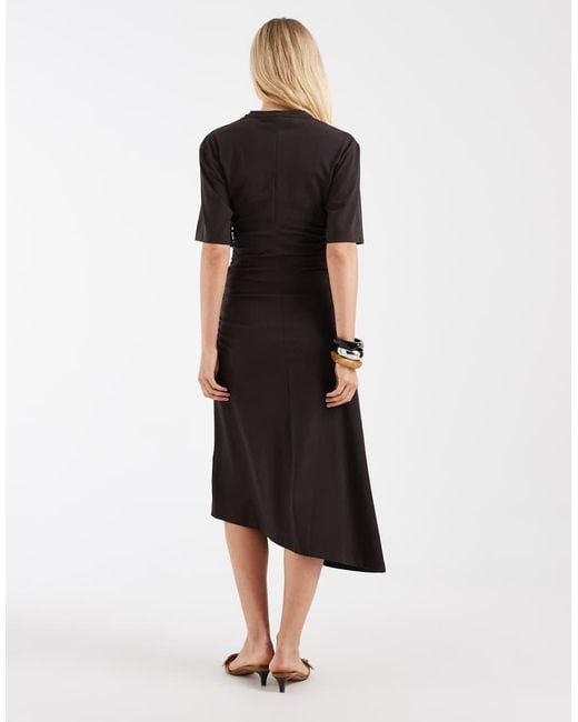 & Other Stories White Ruched Asymetric Hem Jersey Midi Dress