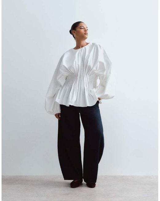 ARRANGE Gray Curve Volume Sleeve Pleated Cinched Waist Top