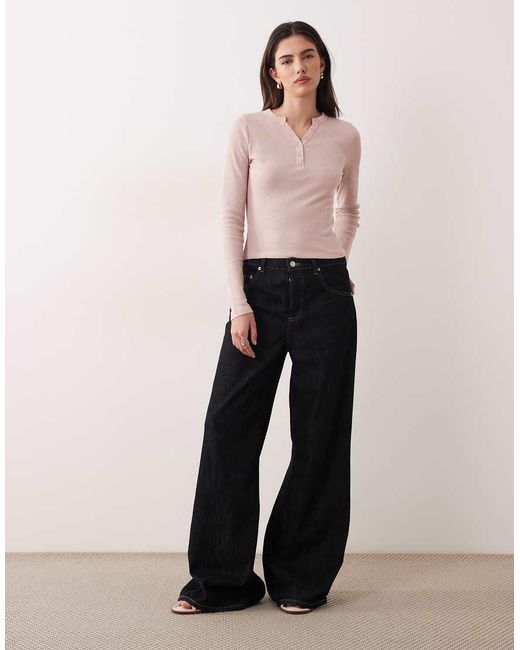 ASOS Natural Shrunken Waffle Long Sleeve Henley Tee