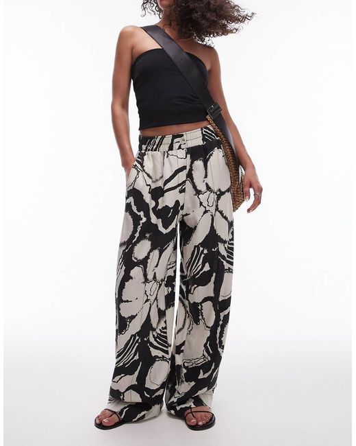 TOPSHOP Black Pull On Printed Floral Linen Trouser
