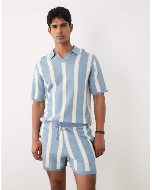 ASOS Blue Relaxed Short Sleeve Knitted Stripe Notch Neck Polo for men