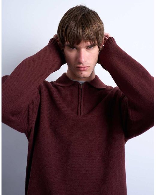 Topman Red Regular Fit Knitted Polo With Zip for men