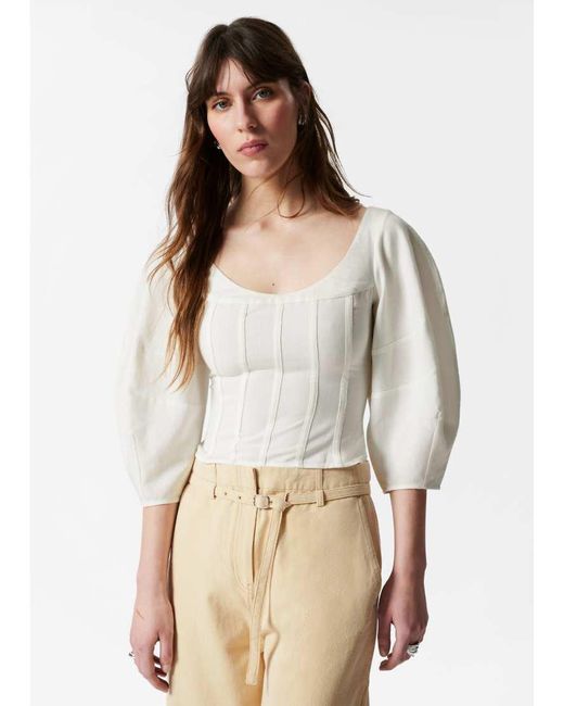 & Other Stories Gray Woven Corset Blouse With Volume Sleeves