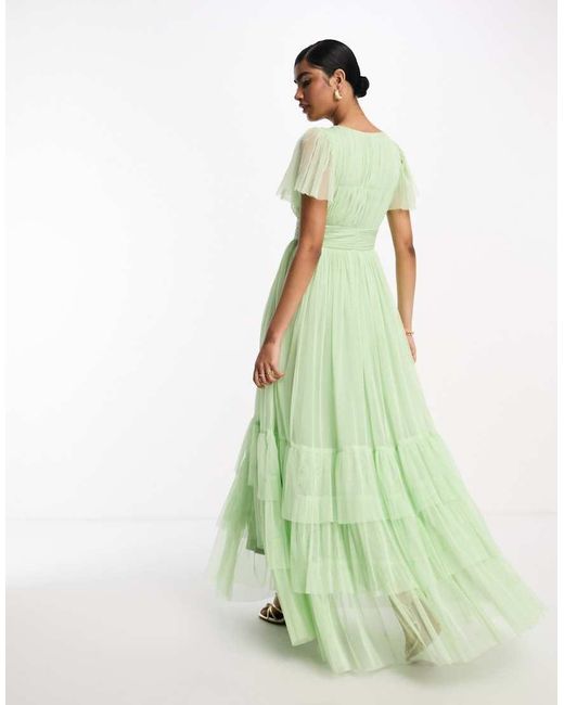 LACE & BEADS Green Bridesmaid Madison V Neck Tulle Maxi Dress