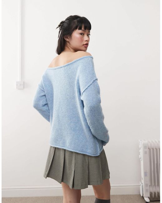 Miss Selfridge Blue – asymmetrischer, schulterfreier strickpullover