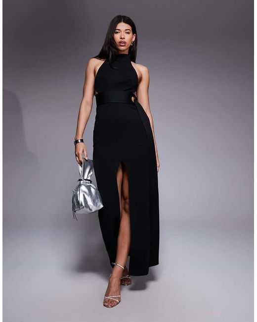 ASOS Blue Halter Maxi Dress With Split And Knot Belt