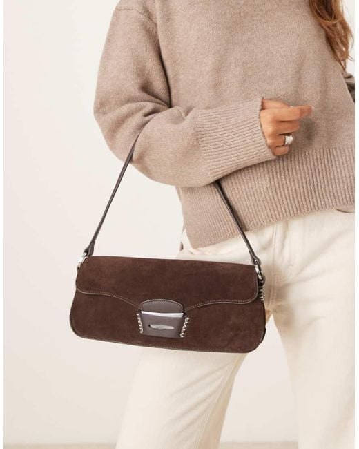 Mango Leren Schoudertas Met Contrasterende Stiksels in het Brown