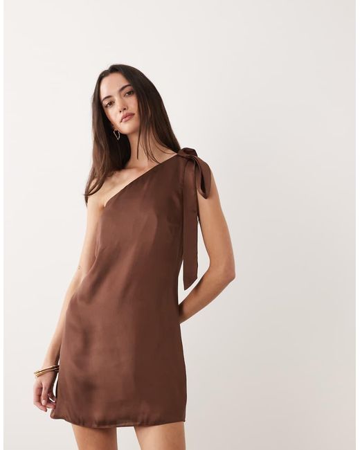 New Look Brown One Shoulder Scarf Detail Satin Mini