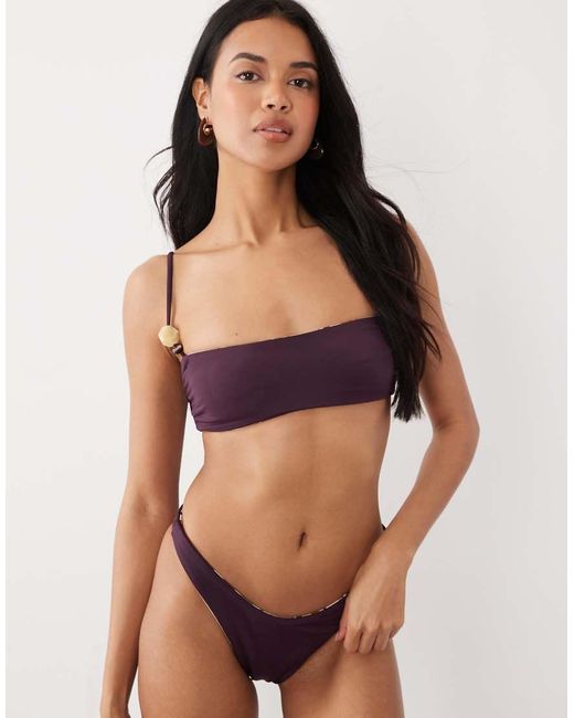 ASOS Brown Susie Sue Striped Reversible Crop Bikini Top With Resin Bead