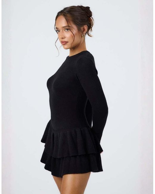 Aria Cove Black Knitted Long Sleeve Ruffle Skirt Mini Dress