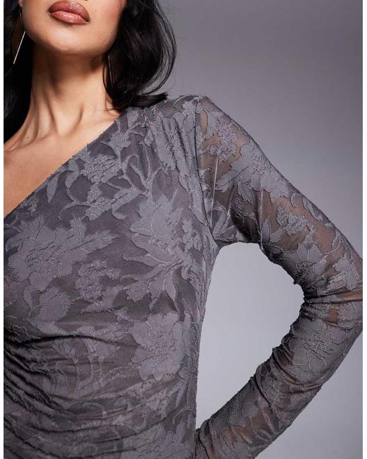 ASOS Gray Long Sleeve Ruched Devore Maxi Dress