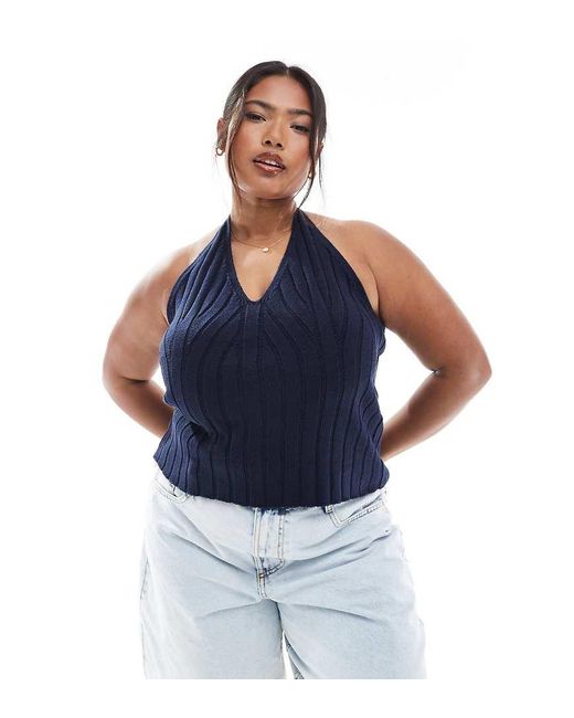 Top Con Cuello Halter De Canalé Ancho De Asos Design Curve ASOS de color Blue