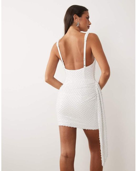 Oh Polly Natural Embellished Square Neck Draped Detail Mini Dress