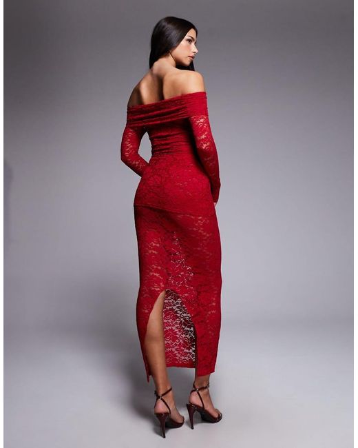 Murci Red Exclusive Sheer Lace Bardot Bodysuit And Foldover Waist Maxi Skirt Set