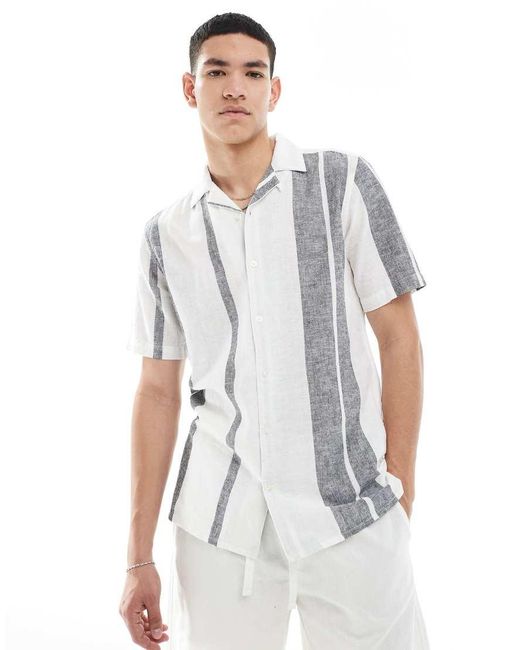 Camisa A Rayas Azul Marino Con Cuello De Solapas De Mezcla De Lino De Only & Sons de hombre de color White