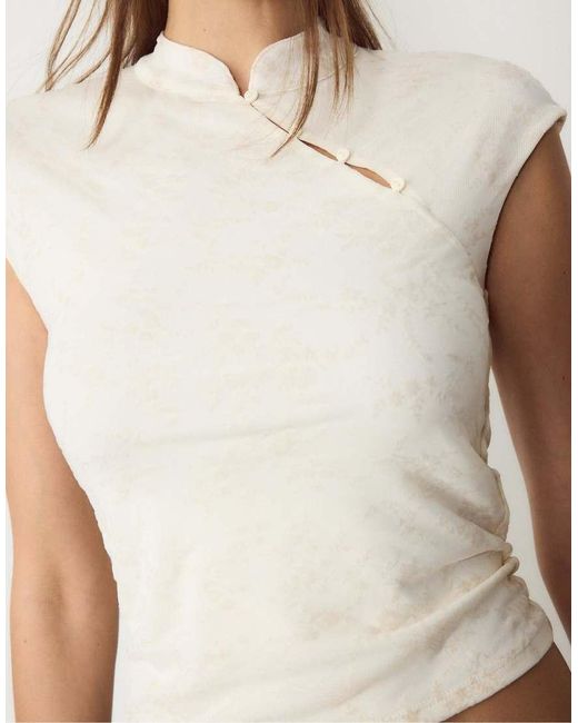 Stradivarius White Qipao Inspired T-Shirt With Mandarin Collar