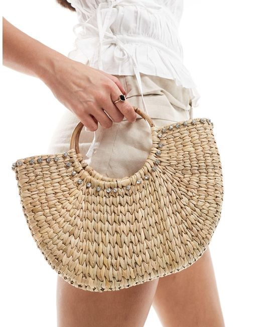 Glamorous Natural Embellished Rattan Beach Mini Grab Bag