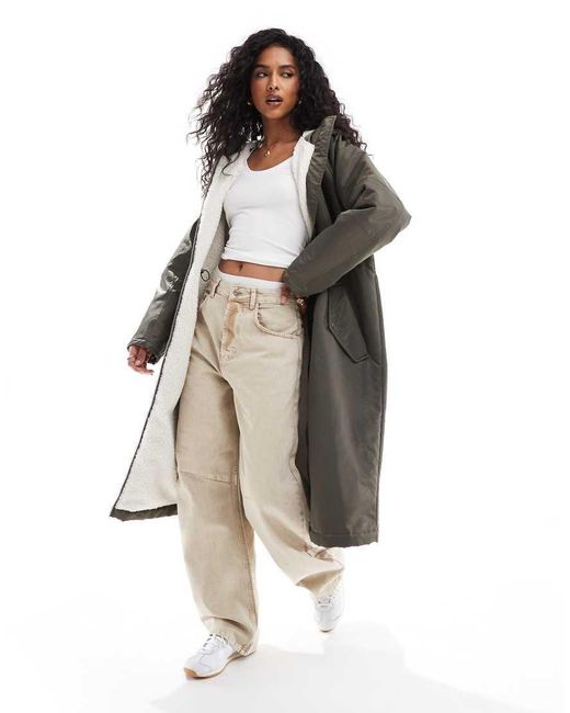 ASOS Gray Borg Lined Longline Rain Coat