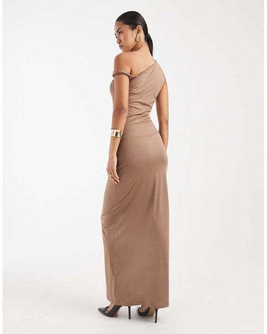 4th & Reckless White Slinky Ruched Side One Shoulder Twist Detail Maxi Dress