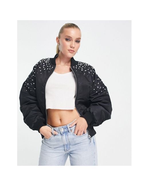 Miss Selfridge Diamante Embellished Longline Bomber in Black Lyst