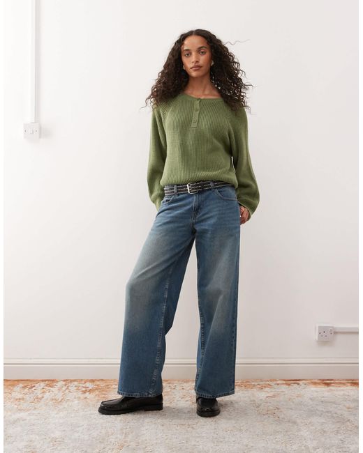 Collusion Green Raglan Button Up Knit Sweater