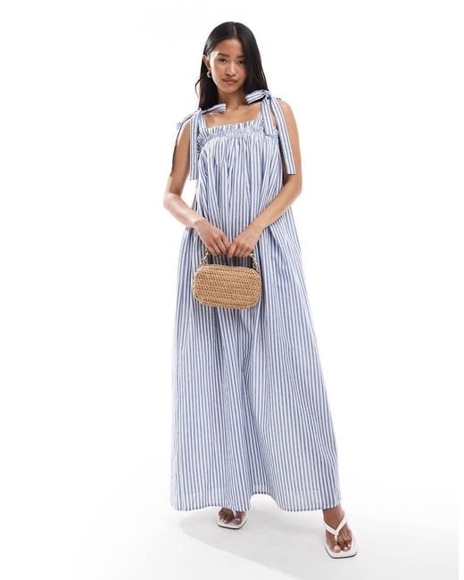 Miss Selfridge Aangerimpelde Gestreepte Poplin Maxi Jurk Met Bandjes in het White