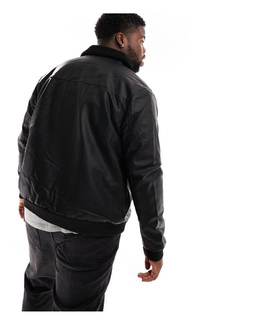 French Connection Black Plus Faux Leather Flight Jacket With Borg Collar for men