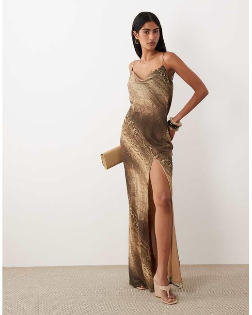 I.AM.GIA Brown Zeta Georgette Chiffon Tie Back Cowl Detail Thigh Split Maxi Dress