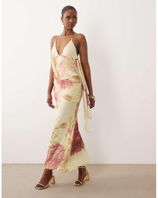 ASOS Natural Draped Sash Floral Mesh Maxi Dress With Tie Side Fallen Bow Strap